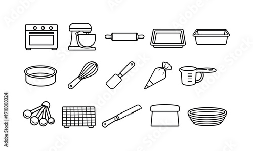 A comprehensive set of line art illustrations depicting essential baking equipment for home cooks and professional bakers