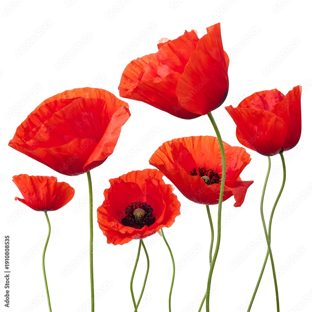 Fototapeta premium Grouping of bright red poppy flowers with black centers on a stark white background