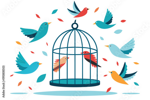 A colorful illustration of birds flying around and leaving a cage, symbolizing freedom and liberation.
