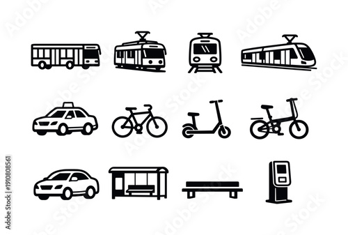 This graphic features a variety of transportation modes and public amenities, perfect for illustrating city mobility concepts