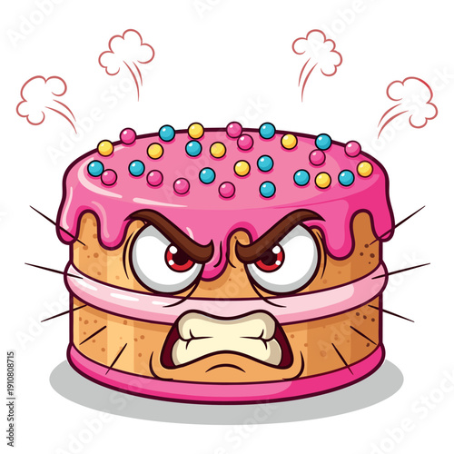 Angry cake character with pink frosting and sprinkles looking furious with steam coming out