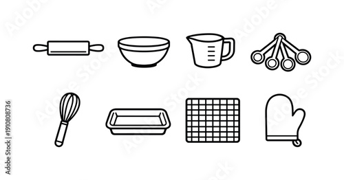 A set of essential baking utensils including a rolling pin, mixing bowl, measuring cup, measuring spoons, whisk, baking pan, cooling rack, and oven mitt