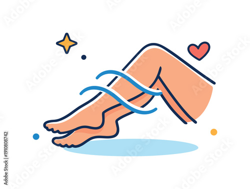 This graphic depicts smooth, healthy legs with flowing blue lines suggesting water or air, accompanied by a heart and star for a feeling of well-being and beauty