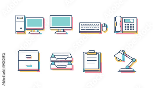 A set of stylized icons representing essential office supplies and technology, rendered in a clean, minimalist aesthetic with vibrant pastel accents