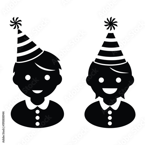 Two cartoon children wearing party hats and smiling
