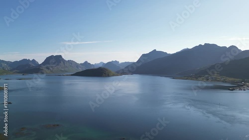 Aerial view of the coastal landscape overlooking the European North Sea. Fredvang in the Lofoten Islands in Norway.