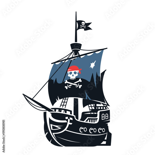 Pirate Ship with Jolly Roger Flag and Skull Bandana