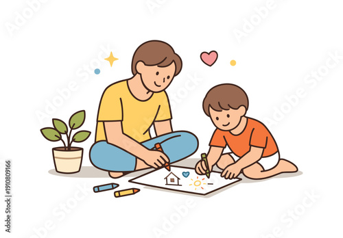 A parent and child are sitting on the floor, happily coloring a picture with crayons, fostering a bond through art