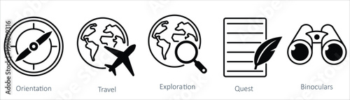 Travel and Exploration Icons Set in Modern Outline Style,