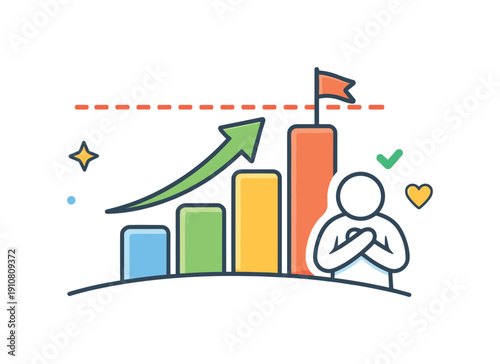 A colorful illustration depicting a rising bar graph with an upward arrow, a flag on the tallest bar, and a happy person with a heart symbol and checkmark