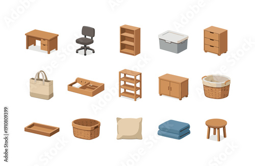 A curated selection of essential home furnishings and organizational tools presented in a clean, isometric style for easy integration into various design projects