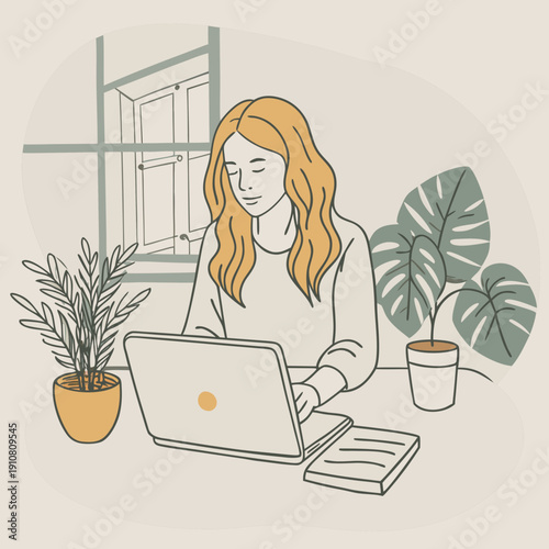 Woman working on laptop at home by window during daytime with plants in the room Generative AI
