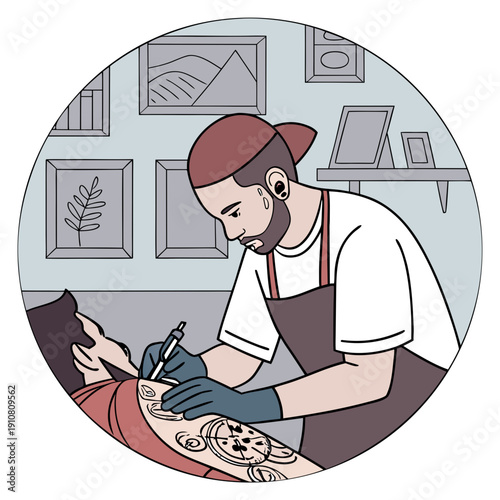 Tattoo artist works on a client's arm in a tattoo studio during daylight hours in a relaxed setting for a new design Generative AI