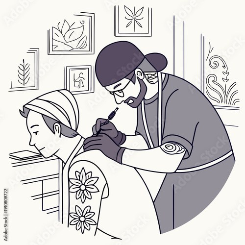 Tattoo artist creates design on the shoulder of a client in a studio with art on the walls Generative AI