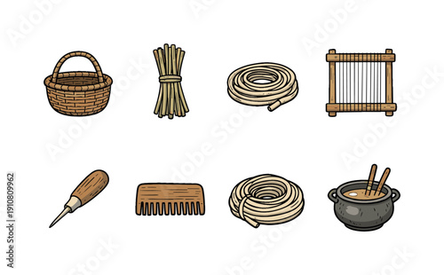 This set of icons depicts a woven basket, bundle of straw, coiled rope, loom, awl, wooden comb, more coiled rope, and a pot with chopsticks
