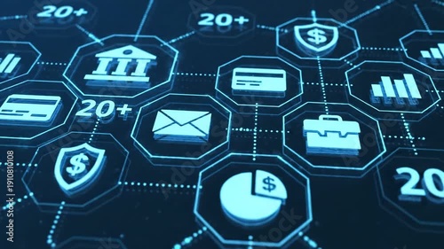 Financial technology concept with banking, security, and data icons