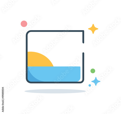 A clean, modern graphic design featuring a stylized sun rising above blue water, enclosed in a square with decorative sparkles