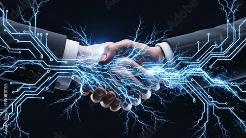 Business partnership with electrifying handshake and modern suit