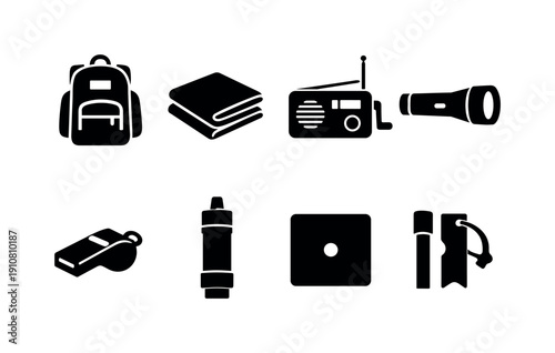 A set of black icons representing items for outdoor activities and emergencies, including a backpack, folded towel, radio, flashlight, whistle, water bottle, dice, and matches