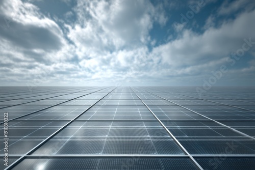 Solar Panel Array Under Bright Blue Sky