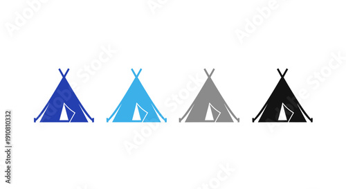 Camping tent variations: A series of vibrant, stylized camping tent illustrations in various color schemes are set against a minimalist backdrop, perfect for design and recreational themes.