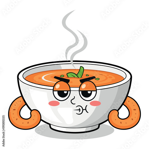 Grumpy bowl of soup with arms and stew cartoon character