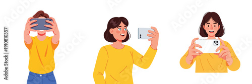 Vector illustration set of a person taking a selfie, flat design, clean vector illustration, no outline, bright colors