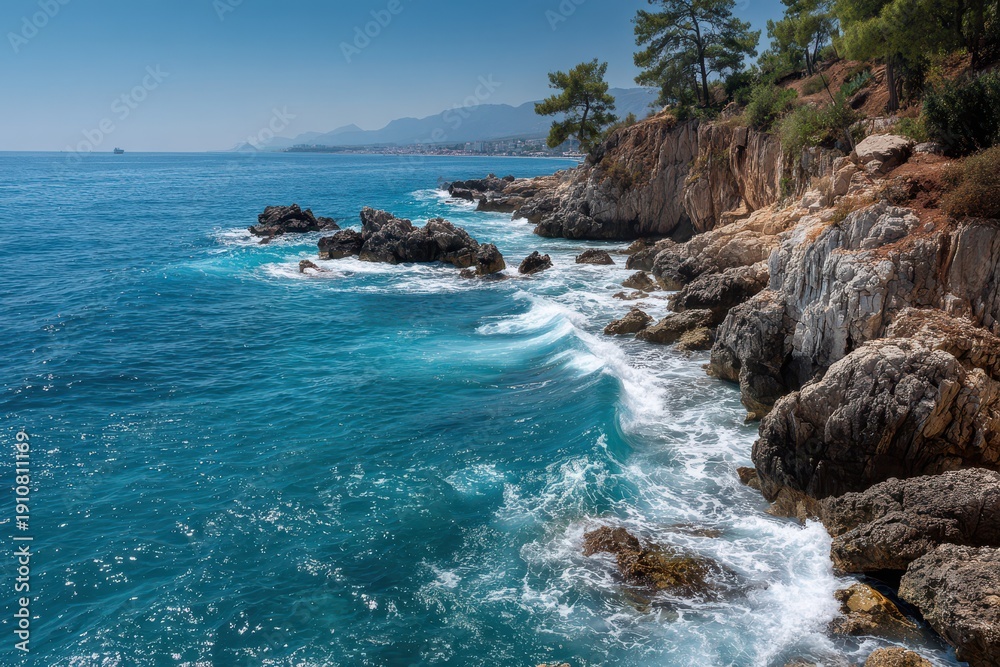 Fototapeta premium Turkish Mediterranean coast seascape: curling blue wave against rocky shoreline