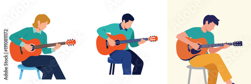 Vector illustration set of a person playing guitar alone, flat design, simple shapes, no outline, bright modern colors