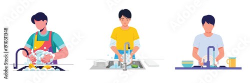 Vector illustration set of a person washing dishes, flat design, clean and simple, no outline, modern bright colors