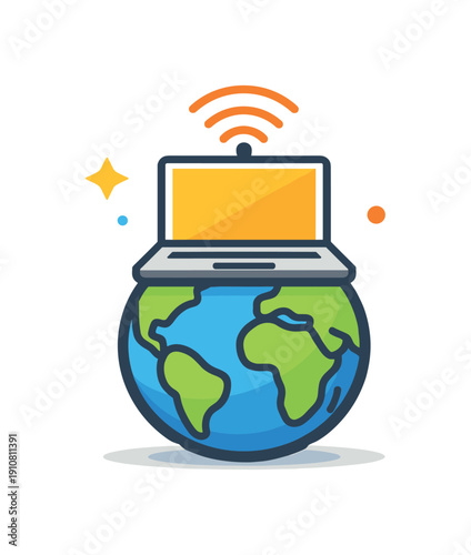 A stylized illustration depicts a laptop with a Wi-Fi symbol emanating from it, perched atop a cartoonish representation of planet Earth, suggesting worldwide internet access and digital communication