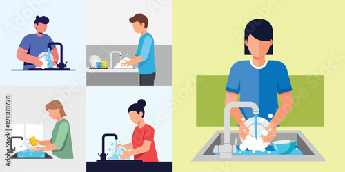 Vector art set of an individual washing plates and utensils, minimalist flat design, simple layout, no strokes, bright contemporary palette