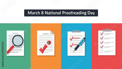 March 8 National Proofreading Day Banner with Review Documents Red Pen and Checklist Panels Flat Vector Illustration
