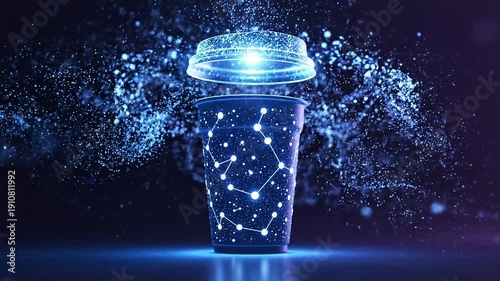 Magical glowing cup with constellation design emitting sparkling particles