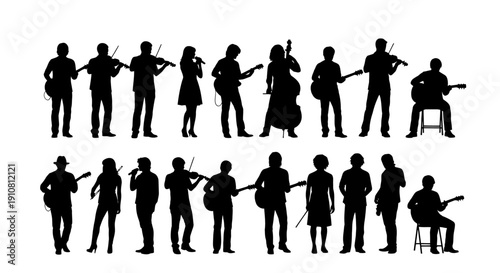 Silhouettes of musicians playing various instruments in different poses.