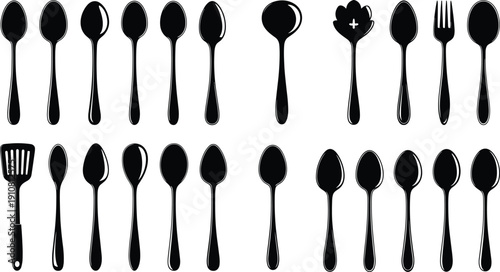 Black Spoon and Kitchen Utensil Silhouettes Collection Isolated on White Background, Cutlery Set for Cooking, Dining, and Restaurant Design Projects