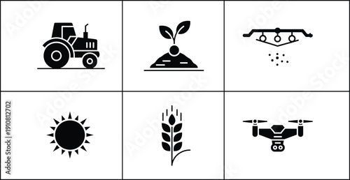 Black and white agricultural tractor plant sprinkler tractor, plant, sprinkler, sun, wheat, drone, farming, agriculture, black and white, symbols, farming equipment, crops, farming technology, black, 