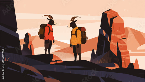 Illustration Of A Goat Wearing A Hiking Jacket And A Small Bag, Standing On A Rocky Mountain Slope, Thin Clouds Behind Vector Design Template