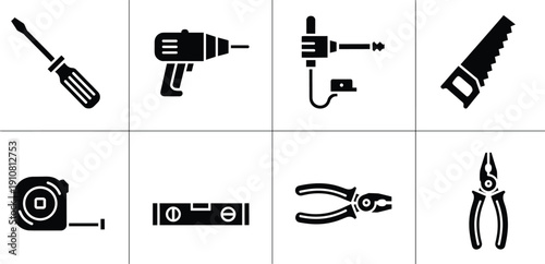Black and white of various hand tools screwdriver drill screwdriver, drill, jigsaw, handsaw, camera, tape measure, level, pliers, hand tools, black and white, toolbox, construction, diy, hardware, bla