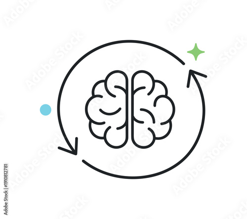A stylized brain icon enclosed in a circular arrow, representing cognitive processes, learning, and memory recall with a subtle sparkle