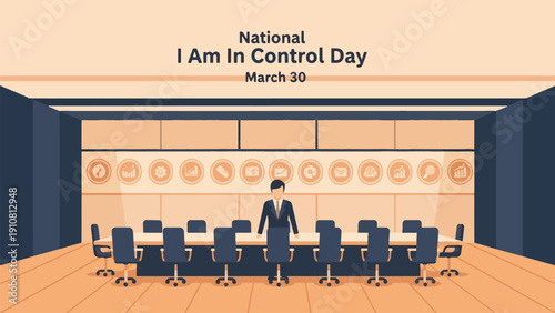 National I Am In Control Day March 30 Business Leader Presenting Strategy in Corporate Boardroom Flat Vector Illustration