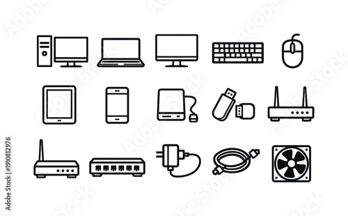 A diverse set of line art icons representing various digital devices and accessories, perfect for tech-related content