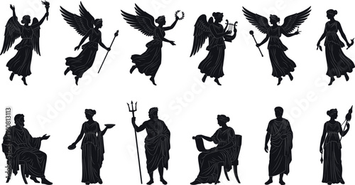 Collection of ancient Greek mythology silhouettes with angels and classical figures isolated on white background, vintage mythological characters illustration set for art and design use