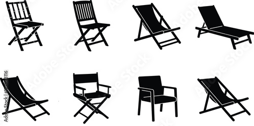 Collection of black silhouette folding chairs and lounge chairs isolated on white background, set of outdoor and indoor seating icons, minimalist furniture illustration for design use