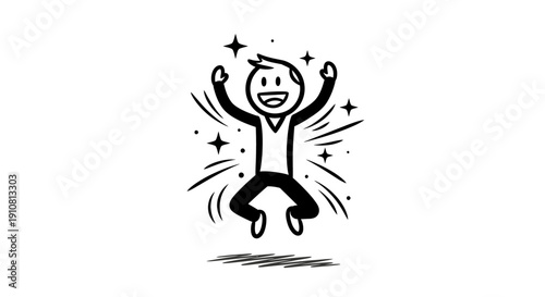 Simple black and white illustration of a joyful person jumping with excitement.