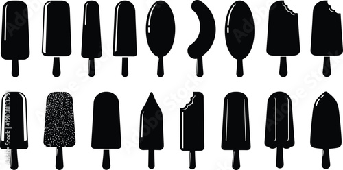 Collection of Black Ice Cream and Popsicle Silhouettes Isolated on White Background, Frozen Dessert Icons for Summer Food Design Projects