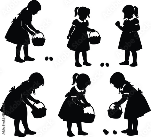 Silhouette of a little girl picking up easter eggs