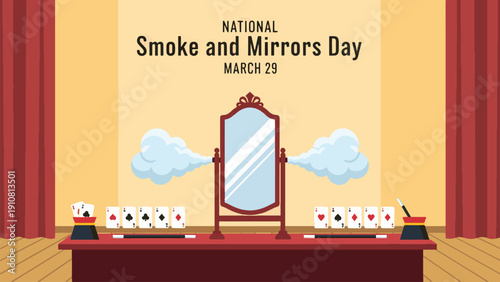 National Smoke and Mirrors Day March 29 Magic Stage with Ornate Mirror and Smoke Effects Flat Vector Illustration