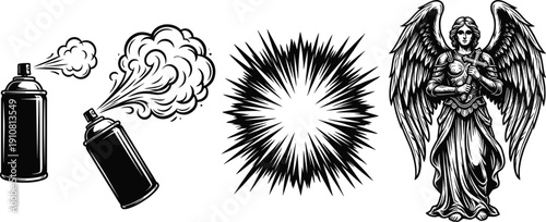 Set of spray paint can, smoke burst and angel engraving illustrations isolated on white background, vintage tattoo style graphic elements collection for creative design use