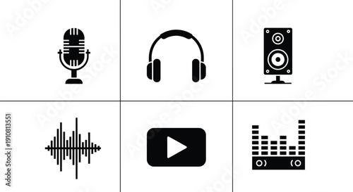 Black and white audio equipment microphone headphones microphone, headphones, speaker, sound wave, play button, audio equalizer, black and white, audio equipment, music, podcast, broadcasting, black, 